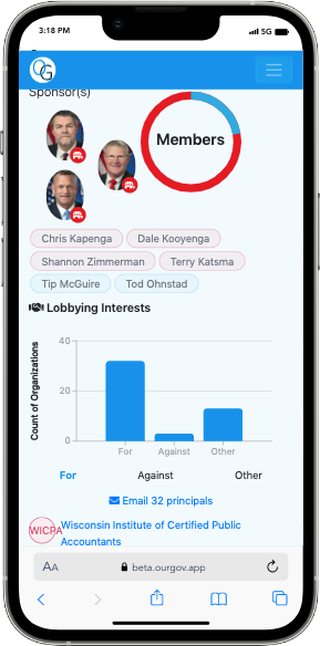 Representatives page. OurGov Wisconsin Lobbying Legislative Bill Tracker. Better than The Wheeler Report, Bill Comparison, Comments, Task Management, Advocacy Tools. Lobbying Software.