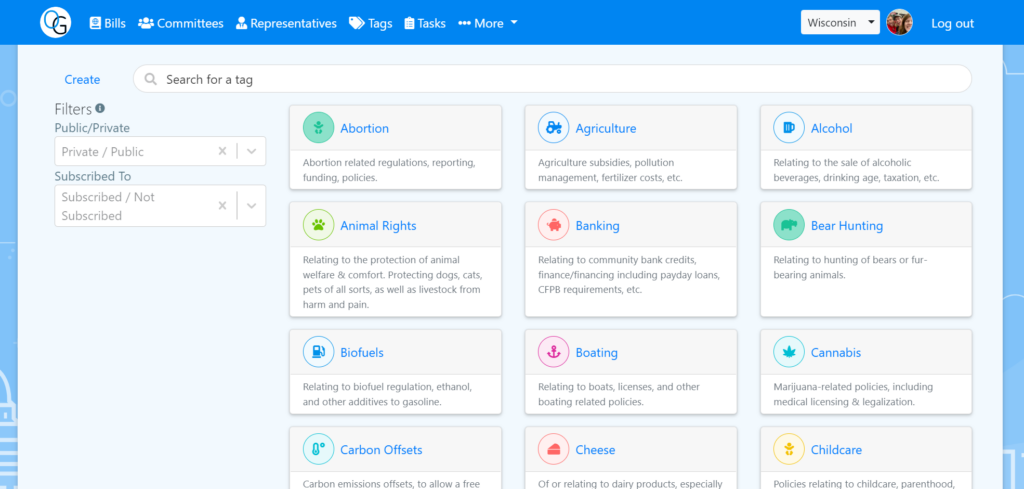 OurGov has a page for each tag, allowing you to see all of the bills and representatives that relate to that tag.