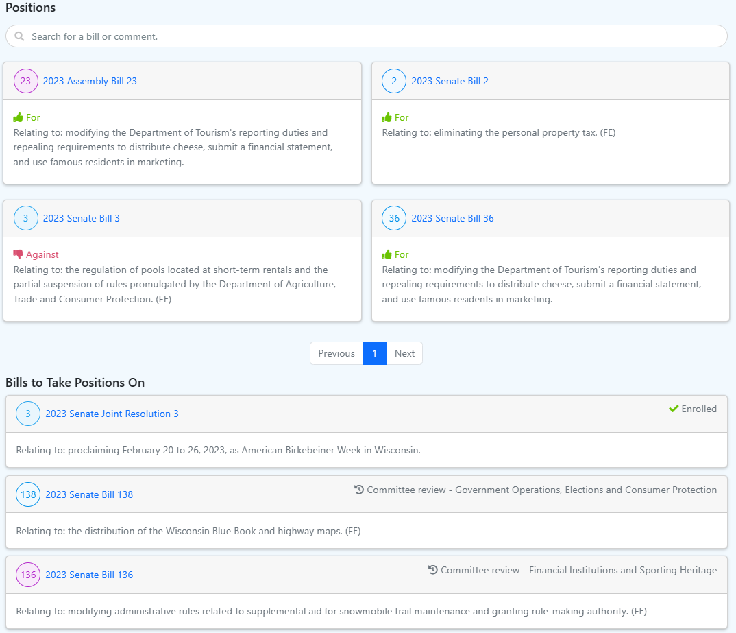 Our new bill suggestion features suggests bill positions for the Association of Wisconsin Tourism Attractions.