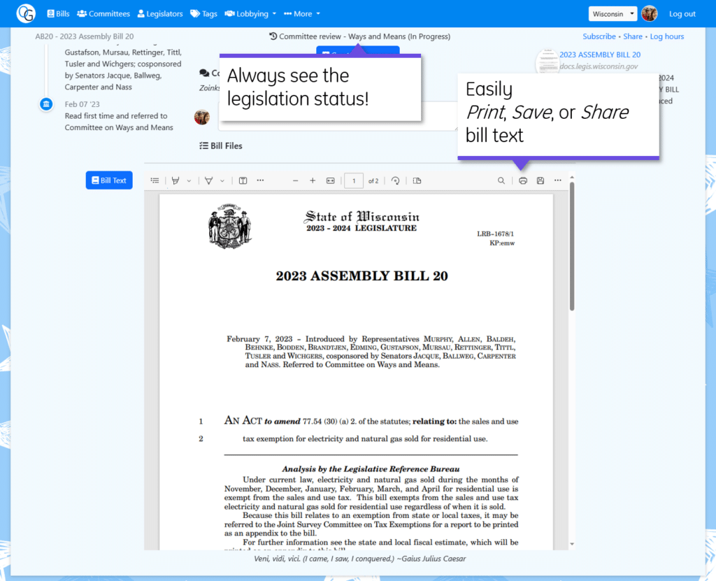 With OurGov's new Legislation Page, you can always see the bill status and save time printing out the bill text.