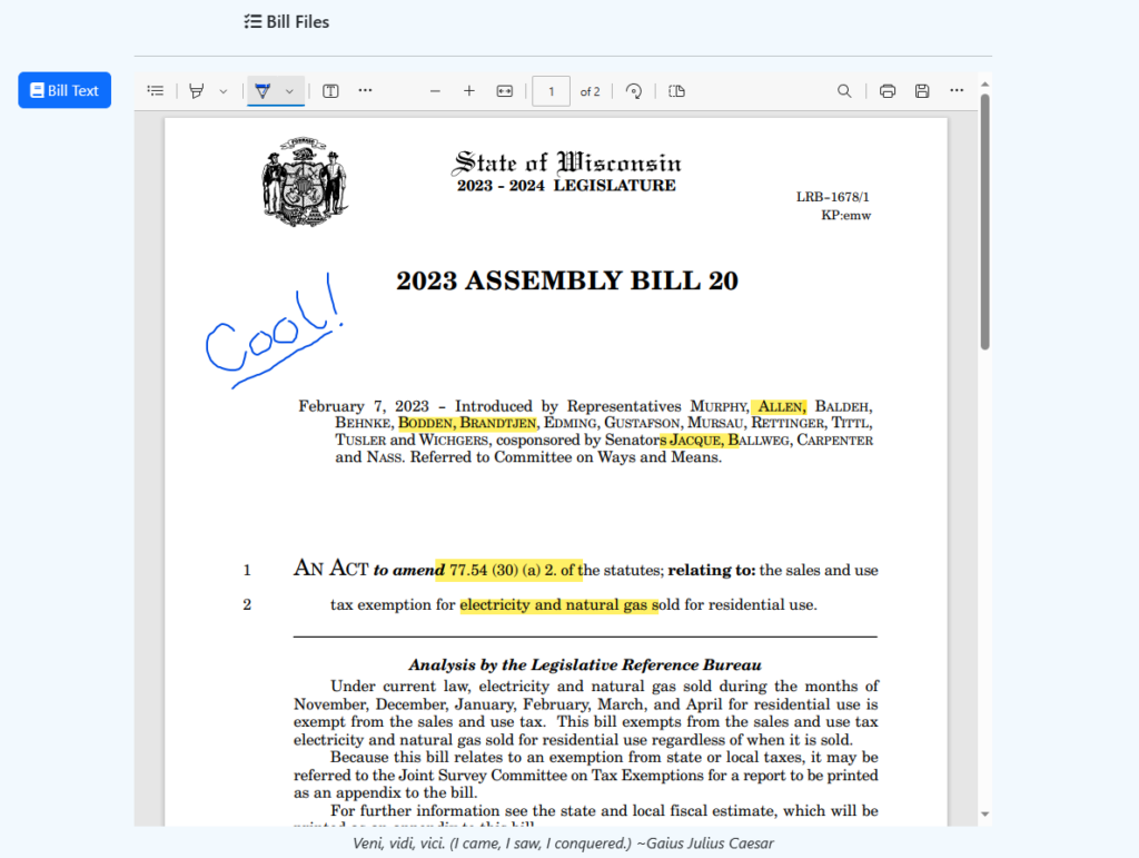 Annotate important text in legislative documents for collaborative use with colleagues, coworkers or clients. This should allow for even more improved strategic decision making on topics of importance.